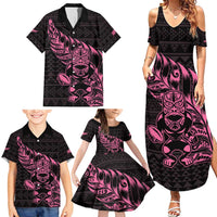 New Zealand Rugby Warrior Custom Family Matching Summer Maxi Dress and Hawaiian Shirt Pink Fern Taniko Motif LT9 - Polynesian Pride