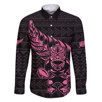 New Zealand Rugby Warrior Custom Family Matching Summer Maxi Dress and Hawaiian Shirt Pink Fern Taniko Motif LT9 Dad's Shirt - Long Sleeve Pink - Polynesian Pride