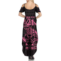 New Zealand Rugby Warrior Custom Family Matching Summer Maxi Dress and Hawaiian Shirt Pink Fern Taniko Motif LT9 - Polynesian Pride