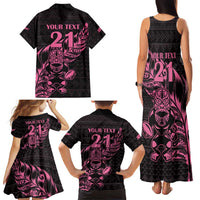 New Zealand Rugby Warrior Custom Family Matching Tank Maxi Dress and Hawaiian Shirt Pink Fern Taniko Motif LT9 - Polynesian Pride