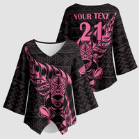 New Zealand Rugby Warrior Custom Kimono Sleeve Blouse Pink Fern Taniko Motif - Polynesian Pride