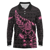New Zealand Rugby Warrior Custom Long Sleeve Polo Shirt Pink Fern Taniko Motif