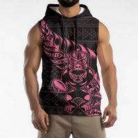 New Zealand Rugby Warrior Custom Sleeveless Hoodie Pink Fern Taniko Motif - Polynesian Pride