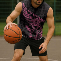 New Zealand Rugby Warrior Custom Sleeveless Hoodie Pink Fern Taniko Motif - Polynesian Pride