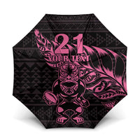 New Zealand Rugby Warrior Custom Umbrella Pink Fern Taniko Motif LT9 One Size Folded 11.42 inch Opened Diameter 37.4 inch Pink - Polynesian Pride