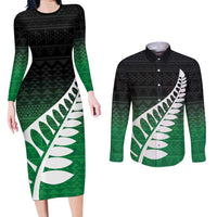 Green Silver Fern Spirit Taniko Tukutuku Personalised Couples Matching Long Sleeve Bodycon Dress and Long Sleeve Button Shirt