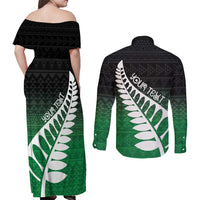 Green Silver Fern Spirit Taniko Tukutuku Personalised Couples Matching Off Shoulder Maxi Dress and Long Sleeve Button Shirt LT9 - Polynesian Pride