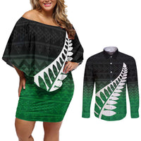 Green Silver Fern Spirit Taniko Tukutuku Personalised Couples Matching Off Shoulder Short Dress and Long Sleeve Button Shirt LT9 Green - Polynesian Pride