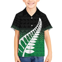 Green Silver Fern Spirit Taniko Tukutuku Personalised Family Matching Off The Shoulder Long Sleeve Dress and Hawaiian Shirt