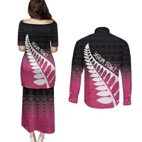 Pink Silver Fern Spirit Taniko Tukutuku Personalised Couples Matching Puletasi and Long Sleeve Button Shirt LT9 - Polynesian Pride