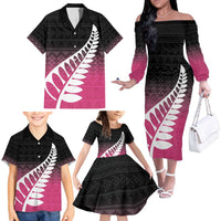 Pink Silver Fern Spirit Taniko Tukutuku Personalised Family Matching Off The Shoulder Long Sleeve Dress and Hawaiian Shirt