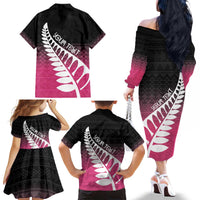 Pink Silver Fern Spirit Taniko Tukutuku Personalised Family Matching Off The Shoulder Long Sleeve Dress and Hawaiian Shirt