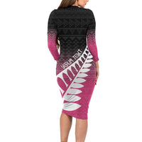 Pink Silver Fern Spirit Taniko Tukutuku Personalised Long Sleeve Bodycon Dress
