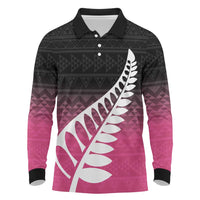 Pink Silver Fern Spirit Taniko Tukutuku Personalised Long Sleeve Polo Shirt LT9 Pink - Polynesian Pride