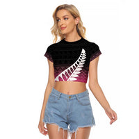 Pink Silver Fern Spirit Taniko Tukutuku Personalised Raglan Cropped T Shirt LT9 Female Pink - Polynesian Pride
