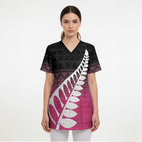 Pink Silver Fern Spirit Taniko Tukutuku Personalised Scrub Top - Polynesian Pride