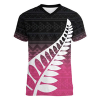 Pink Silver Fern Spirit Taniko Tukutuku Personalised Women V-Neck T-Shirt LT9 Female Pink - Polynesian Pride