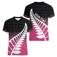 Pink Silver Fern Spirit Taniko Tukutuku Personalised Women V-Neck T-Shirt LT9 - Polynesian Pride