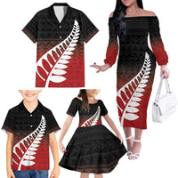 Red Silver Fern Spirit Taniko Tukutuku Personalised Family Matching Off The Shoulder Long Sleeve Dress and Hawaiian Shirt