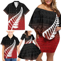 Red Silver Fern Spirit Taniko Tukutuku Personalised Family Matching Off Shoulder Short Dress and Hawaiian Shirt