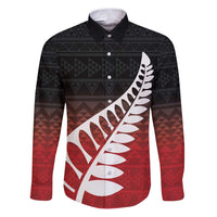 Red Silver Fern Spirit Taniko Tukutuku Personalised Family Matching Puletasi and Hawaiian Shirt LT9 Dad's Shirt - Long Sleeve Red - Polynesian Pride
