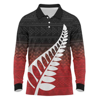 Red Silver Fern Spirit Taniko Tukutuku Personalised Long Sleeve Polo Shirt LT9 Red - Polynesian Pride