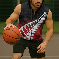 Red Silver Fern Spirit Taniko Tukutuku Personalised Sleeveless Zip Hoodie LT9 - Polynesian Pride