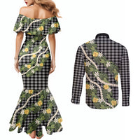 Aloha Puakenikeni Anthurium Pikake Lei Couples Matching Mermaid Dress and Long Sleeve Button Shirt Black Hawaiian Palaka Pattern LT9 - Polynesian Pride