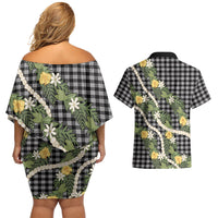 Aloha Puakenikeni Anthurium Pikake Lei Couples Matching Off Shoulder Short Dress and Hawaiian Shirt Black Hawaiian Palaka Pattern LT9 - Polynesian Pride