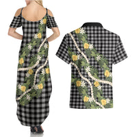 Aloha Puakenikeni Anthurium Pikake Lei Couples Matching Summer Maxi Dress and Hawaiian Shirt Black Hawaiian Palaka Pattern LT9 - Polynesian Pride