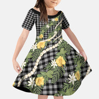 Aloha Puakenikeni Anthurium Pikake Lei Family Matching Long Sleeve Bodycon Dress and Hawaiian Shirt Black Hawaiian Palaka Pattern LT9 Daughter's Dress Black - Polynesian Pride