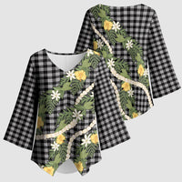 Aloha Puakenikeni Anthurium Pikake Lei Kimono Sleeve Blouse Black Hawaiian Palaka Pattern