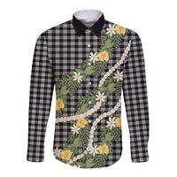 Aloha Puakenikeni Anthurium Pikake Lei Long Sleeve Button Shirt Black Hawaiian Palaka Pattern