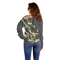 Aloha Puakenikeni Anthurium Pikake Lei Off Shoulder Sweater Black Hawaiian Palaka Pattern