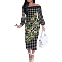 Aloha Puakenikeni Anthurium Pikake Lei Off The Shoulder Long Sleeve Dress Black Hawaiian Palaka Pattern