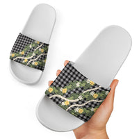Aloha Puakenikeni Anthurium Pikake Lei Slide Sandals Black Hawaiian Palaka Pattern