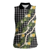 Aloha Puakenikeni Anthurium Pikake Lei Women Sleeveless Polo Shirt Black Hawaiian Palaka Pattern LT9 Female Black - Polynesian Pride