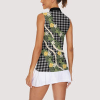 Aloha Puakenikeni Anthurium Pikake Lei Women Sleeveless Polo Shirt Black Hawaiian Palaka Pattern LT9 - Polynesian Pride