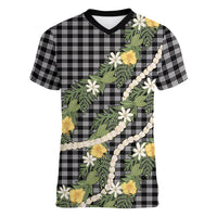Aloha Puakenikeni Anthurium Pikake Lei Women V-Neck T-Shirt Black Hawaiian Palaka Pattern LT9 Female Black - Polynesian Pride