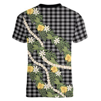Aloha Puakenikeni Anthurium Pikake Lei Women V-Neck T-Shirt Black Hawaiian Palaka Pattern LT9 - Polynesian Pride
