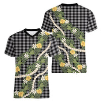 Aloha Puakenikeni Anthurium Pikake Lei Women V-Neck T-Shirt Black Hawaiian Palaka Pattern LT9 - Polynesian Pride
