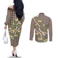 Aloha Puakenikeni Anthurium Pikake Lei Couples Matching Off The Shoulder Long Sleeve Dress and Long Sleeve Button Shirt Chocolate Hawaiian Palaka Pattern LT9 - Polynesian Pride