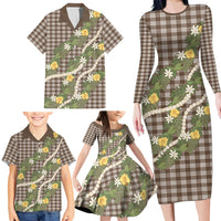 Aloha Puakenikeni Anthurium Pikake Lei Family Matching Long Sleeve Bodycon Dress and Hawaiian Shirt Chocolate Hawaiian Palaka Pattern LT9 - Polynesian Pride
