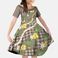 Aloha Puakenikeni Anthurium Pikake Lei Family Matching Off The Shoulder Long Sleeve Dress and Hawaiian Shirt Chocolate Hawaiian Palaka Pattern LT9 Daughter's Dress Chocolate - Polynesian Pride