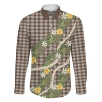 Aloha Puakenikeni Anthurium Pikake Lei Family Matching Off The Shoulder Long Sleeve Dress and Hawaiian Shirt Chocolate Hawaiian Palaka Pattern LT9 Dad's Shirt - Long Sleeve Chocolate - Polynesian Pride