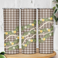 Aloha Puakenikeni Anthurium Pikake Lei Skinny Tumbler Chocolate Hawaiian Palaka Pattern LT9 - Polynesian Pride