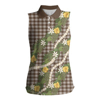 Aloha Puakenikeni Anthurium Pikake Lei Women Sleeveless Polo Shirt Chocolate Hawaiian Palaka Pattern LT9 Female Chocolate - Polynesian Pride