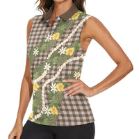 Aloha Puakenikeni Anthurium Pikake Lei Women Sleeveless Polo Shirt Chocolate Hawaiian Palaka Pattern LT9 - Polynesian Pride