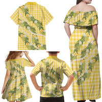 Aloha Puakenikeni Anthurium Pikake Lei Family Matching Off Shoulder Maxi Dress and Hawaiian Shirt Gold Hawaiian Palaka Pattern LT9 - Polynesian Pride