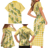 Aloha Puakenikeni Anthurium Pikake Lei Family Matching Short Sleeve Bodycon Dress and Hawaiian Shirt Gold Hawaiian Palaka Pattern LT9 - Polynesian Pride